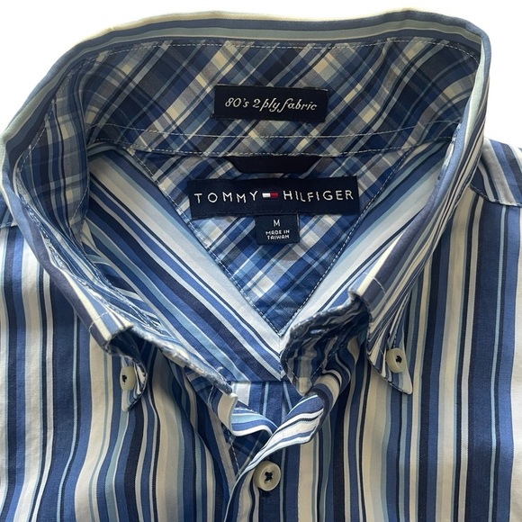 TOMMY HILFIGER - Vintage 80s - Men’s - L/S Casual Dress Shirt - M - Blue Striped - Picture 4 of 7